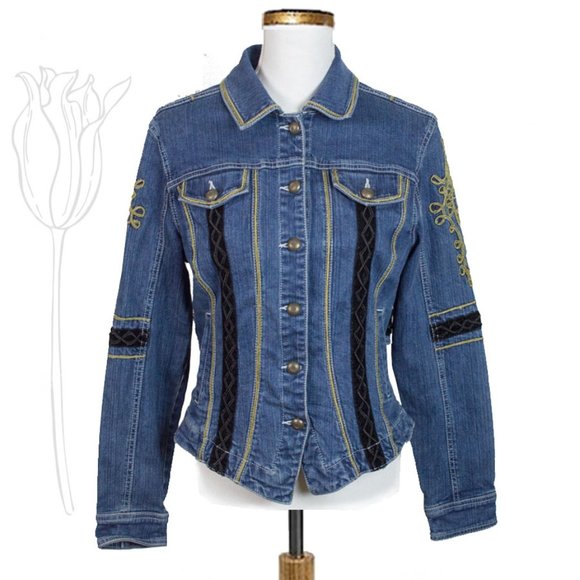 LIVE A LITTLE Blue Embroidery Embellished Long Sleeve Jean Jacket M - Picture 2 of 13